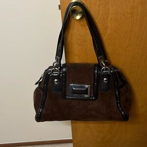 Brown suede and patent leather handbag